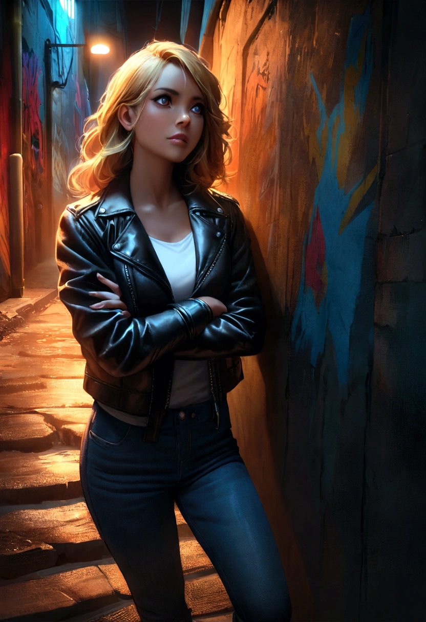 (black with blonde highlights hair, hispanic woman, anti-hero, steals anything, controls blood, leather jacket and blue jeans, medium:1.1), leather gloves, confident posture, mysterious expression, intense eyes, dynamic action, urban night scene, graffiti-filled alley, street lights, neon signs, dramatic lighting, dark and gritty atmosphere, chiaroscuro lighting, high contrast, intense color palette, cinematic composition, photorealistic style, detailed textures. Leaning on wall crossing her arms, looking up