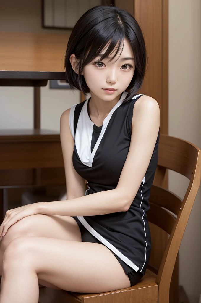 An anime-style Japanese woman with smooth body lines, sitting in a chair, tilting her torso at about 70° degrees at the table wearing a sleeveless shirt with her arms raised 