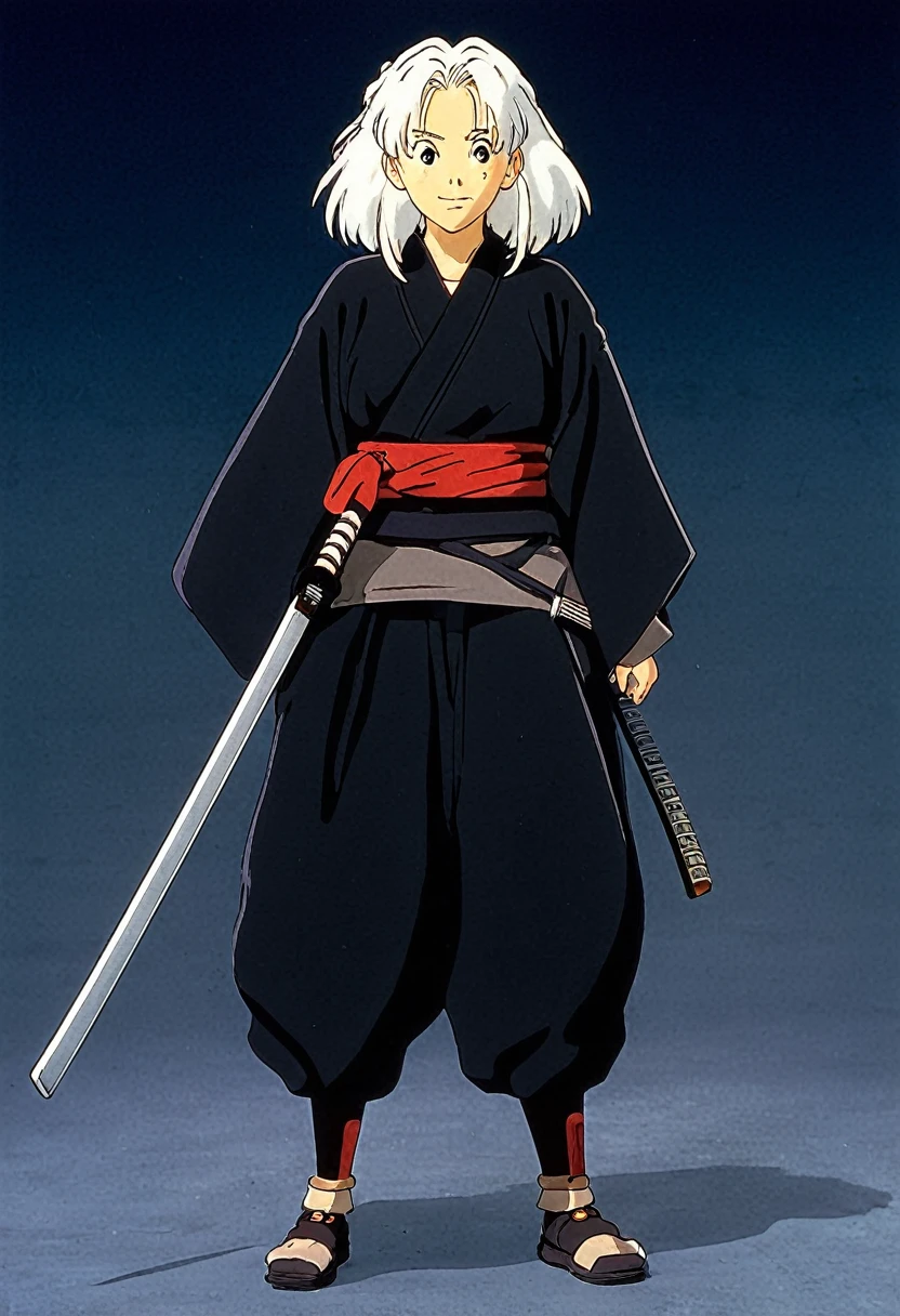 A Ghibli's studio character. With messy white hair and dark large clothes. Her belt is large and hold some katana