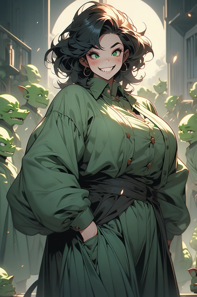 1girl, goblin girl, shortstack, plump, black hair, evil grin, sharp teeth, green skin