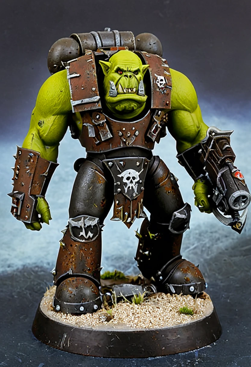 (painted warhammer 40k miniature:1.6), (warhammer40K_ork), ork warrior, ork, an ork, orc themed, bald orc mechanic, orc male, (heavy armour, rusty armour), warhammer 40k, warhammer model