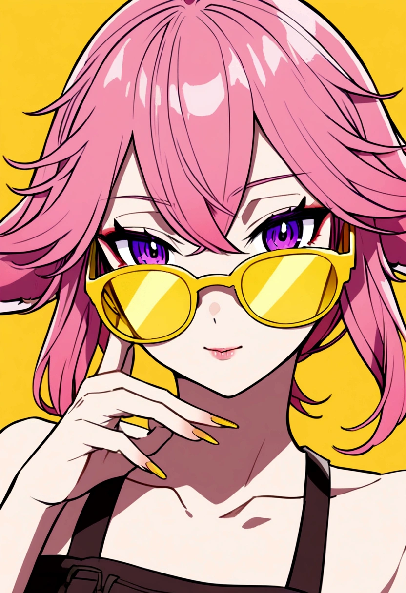 yae miko wearing trendy yellow sunglasses, yellow background, pink hair, purple eyes