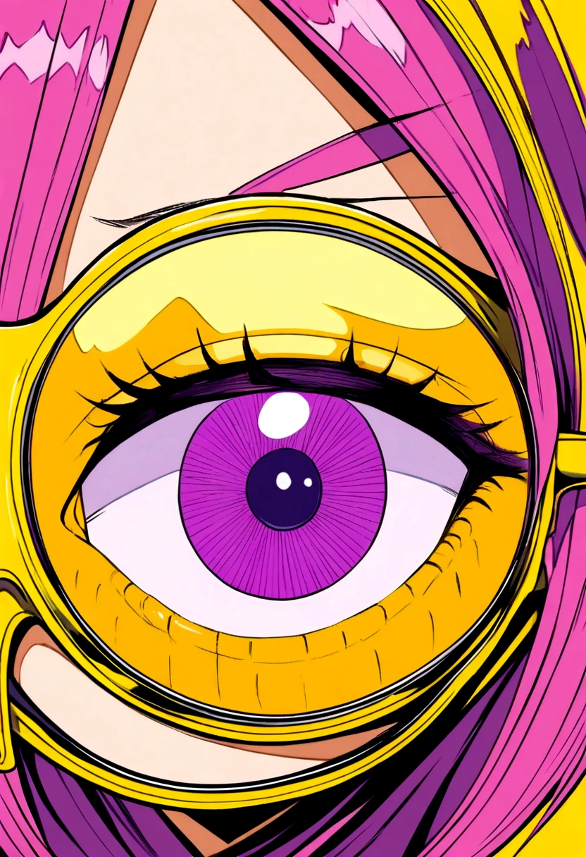 yae miko wearing trendy yellow sunglasses, yellow background, pink hair, purple eyes