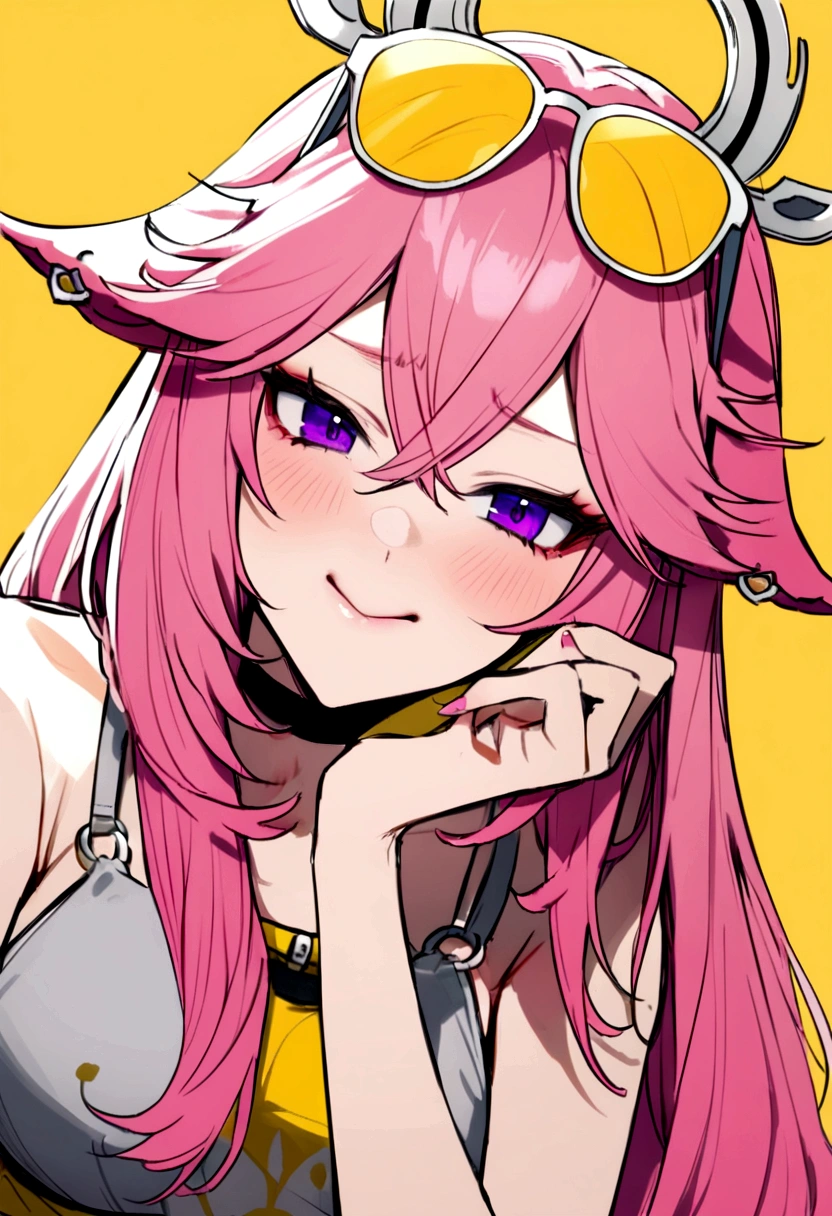 yae miko wearing trendy yellow sunglasses, yellow background, pink hair, purple eyes