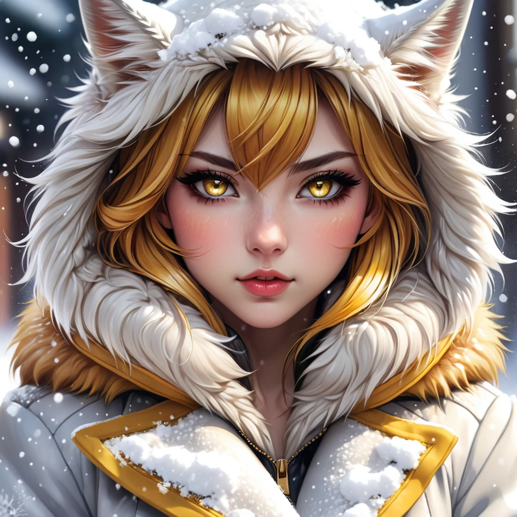 anime girl with yellow eyes and a furry coat in the snow, extremely detailed artgerm, artgerm detailed, trending artgerm high detail