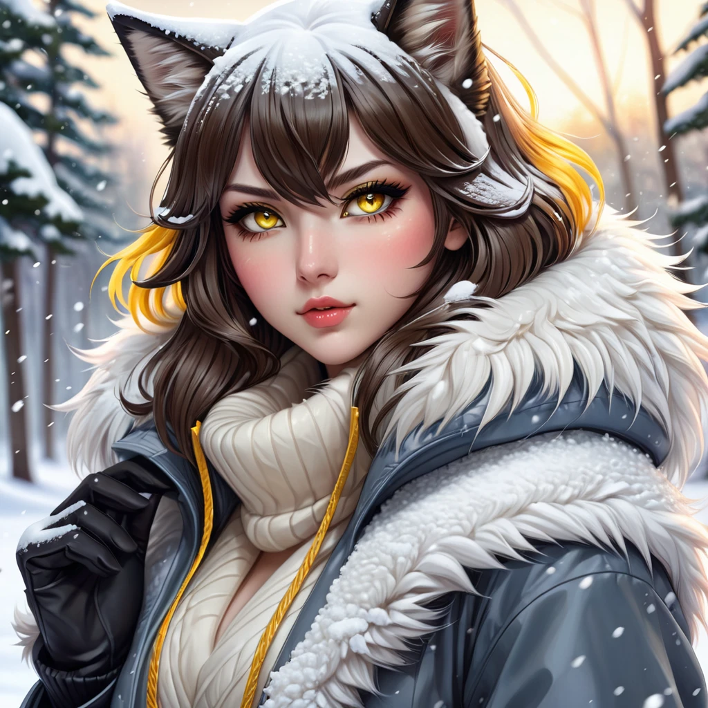 anime girl with yellow eyes and a furry coat in the snow, extremely detailed artgerm, artgerm detailed, trending artgerm high detail