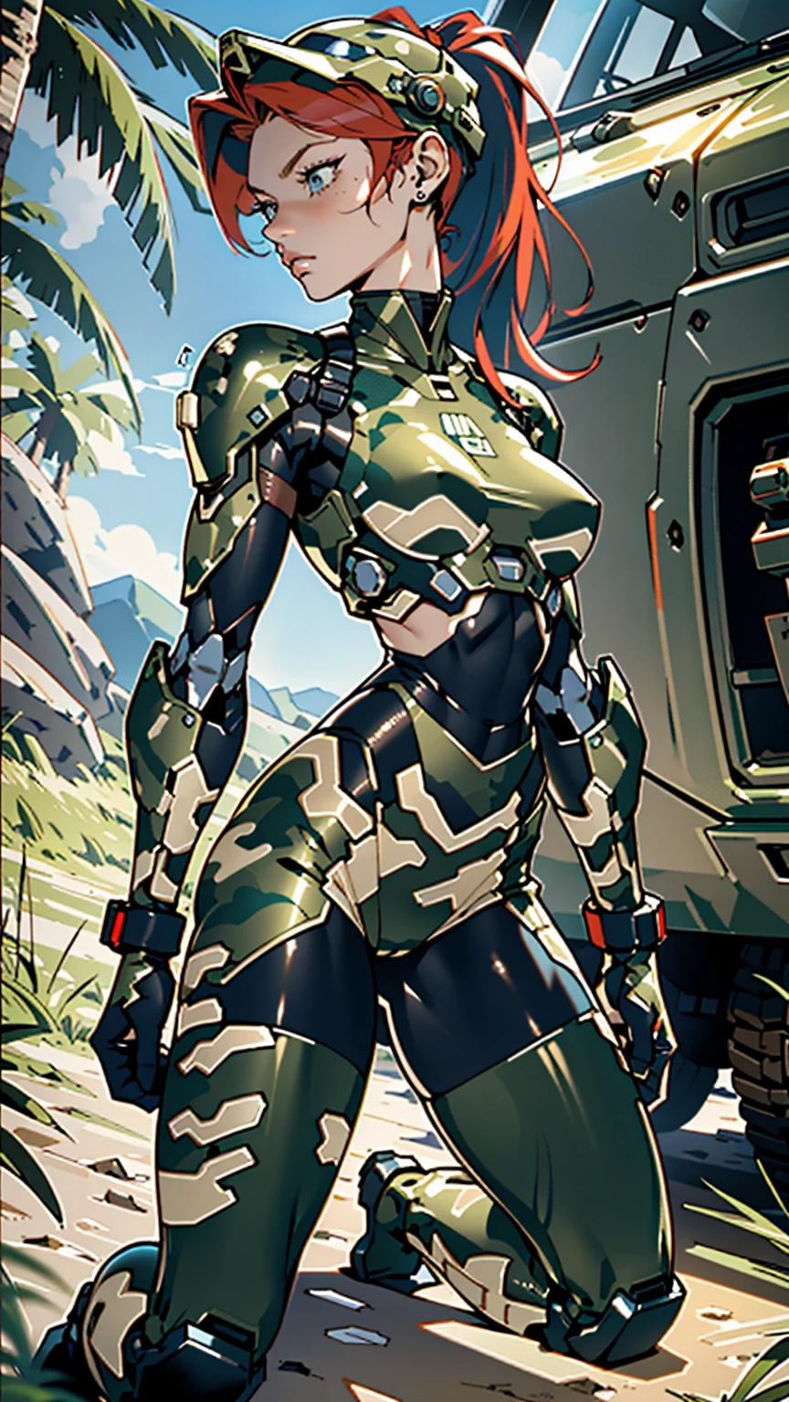 1woman 20 years old, max resolution, sculpted, military, wearing a soldier helmet, beautiful, perfect body, red hair, blue eyes, perfect body, thin waist, wide hips, large breasts, slim thighs, jungle background, armored vehicle, military robot dog, camouflaged uniform, tight panties, two-piece, highly detailed, high resolution, perfect hands, side view, camo, face fully turned to the side to look at the viewer, turn her head to look at the viewer, taking a knee, one knee on ground, one knee up, holding a combat knife