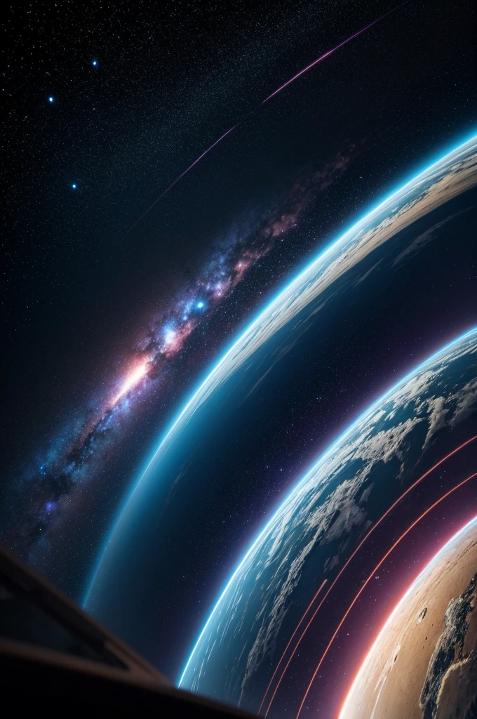 Vast galaxy, various planets, stars, rapidly zooming in camera, spaceship hurtling towards Earth, sense of urgency and excitement, Unreal Engine, hyper-real, cinematic
