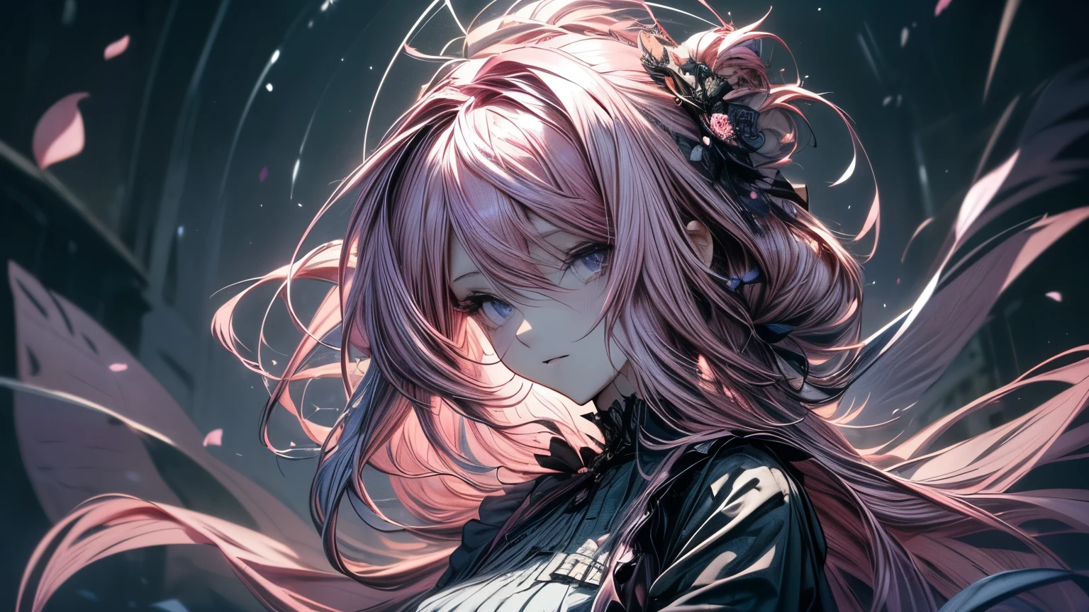 4K quality:1.2,1girl,sense of deps,disorganized,catch light,super beautiful illustrations,falling petals,(((pink hair,long hairstyles:1.3))),eye shadow,((black clothes,gothic lolita)),Upper body,;D,beautiful and delicate flowing hair,((Delicate and detailed beautiful purple eyes)),angel wings,emphasized chest,skyline