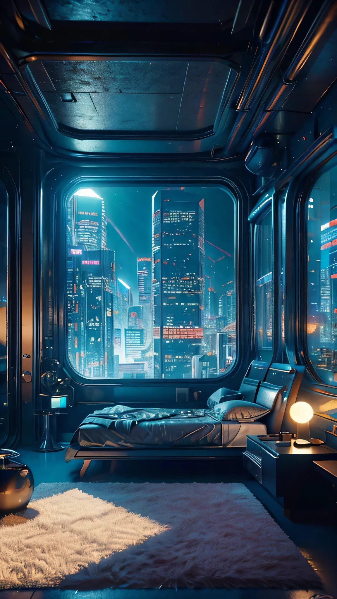 ((masterpiece)), (ultra-detailed), (intricate details), (high resolution CGI artwork 8k), Create an image of a retro futuristic cyberpunk bedroom. One of the walls should feature a big window with a busy, colorful, and detailed cyberpunk cityscape. Futuristic style with lots of colors and LED lights. The cityscape should be extremely detailed with depth of field. Utilize atmospheric lighting to create depth and evoke the feel of a busy futuristic city outside the window. Pay close attention to face details like intricate, hires eyes and bedroom accents. Camera: wide shot showing the room and the window. The window should be the focal point of the image. Lighting: use atmospheric and volumetric lighting to enhance the cityscape details. The room should be illuminated by the neon lights from the cityscape.