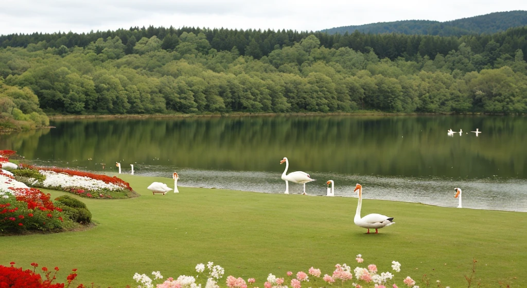 ((Best Quality)), forest/ cottagecore park next to a lake with swans and many flowers in ( horizontal image) that you can see more grass and the lake from afar THAT there are swans that there is more grass ahead, and BEHIND is the lake and swans, a little more grass ahead, very good, now I want swans on the lake, INCREDIBLE very good, now I want pretty flowers Japanese flowers ok, now the swans on the lake The lake is red make it normal and swans with Japanese flowers make the weather cloudy
