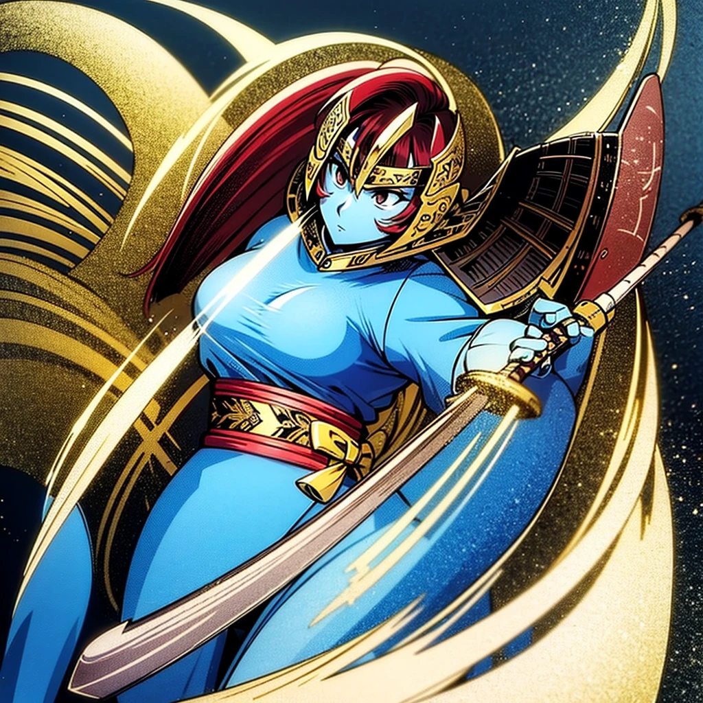 Generate a front image of a strong, tall female swordsman with samurai armor and a small, broadsword with symbols on it