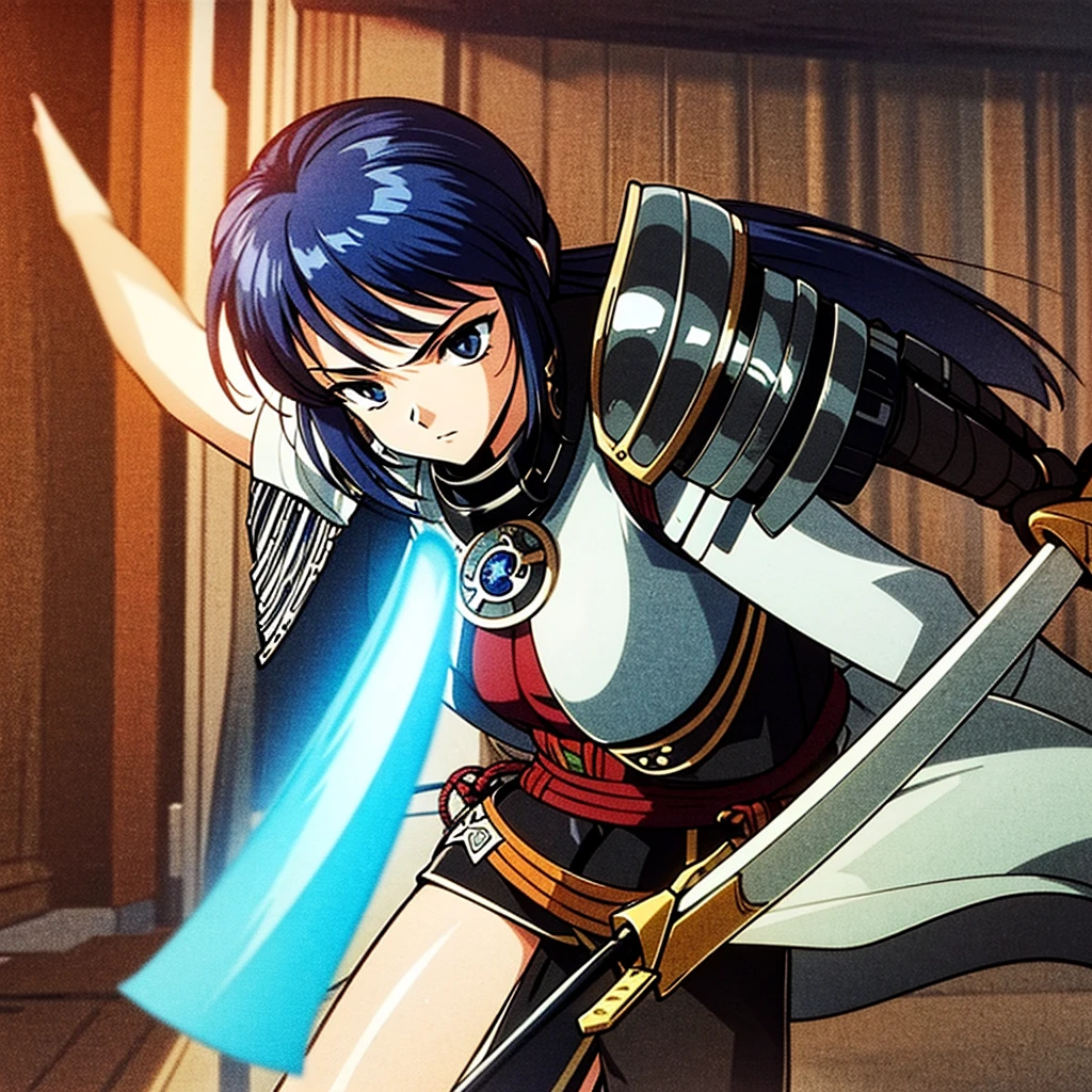 Generate a front image of a strong, tall female swordsman with samurai armor and a small, broadsword with symbols on it