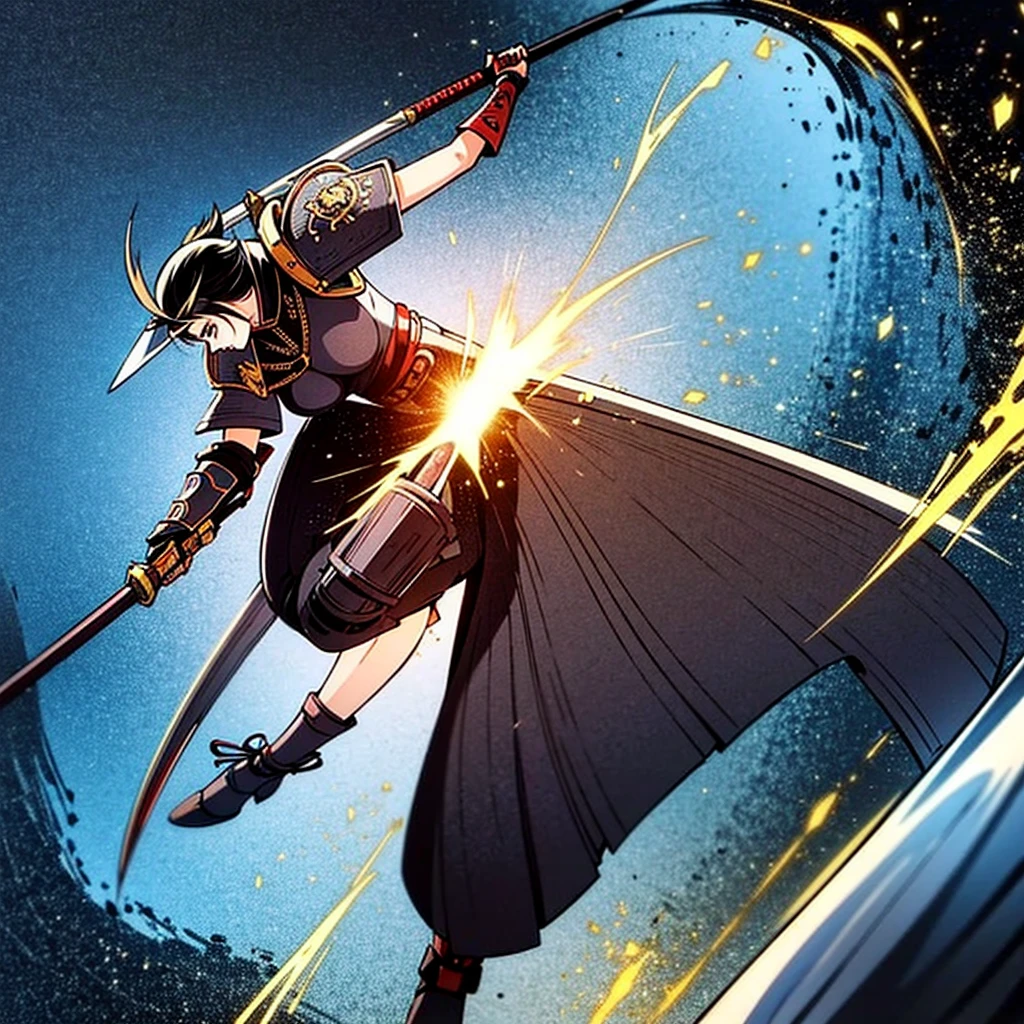 Generate a front image of a strong, tall female swordsman with samurai armor and a small, broadsword with symbols on it 