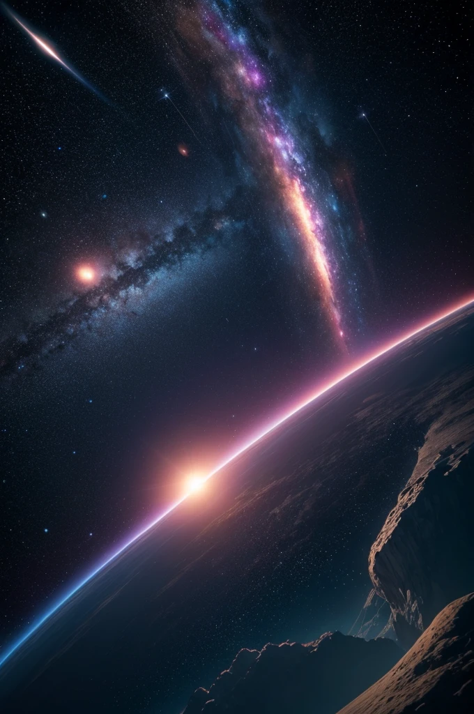 Vast galaxy, various planets, stars, rapidly zooming in camera, spaceship hurtling towards Earth, sense of urgency and excitement, Unreal Engine, hyper-real, cinematic