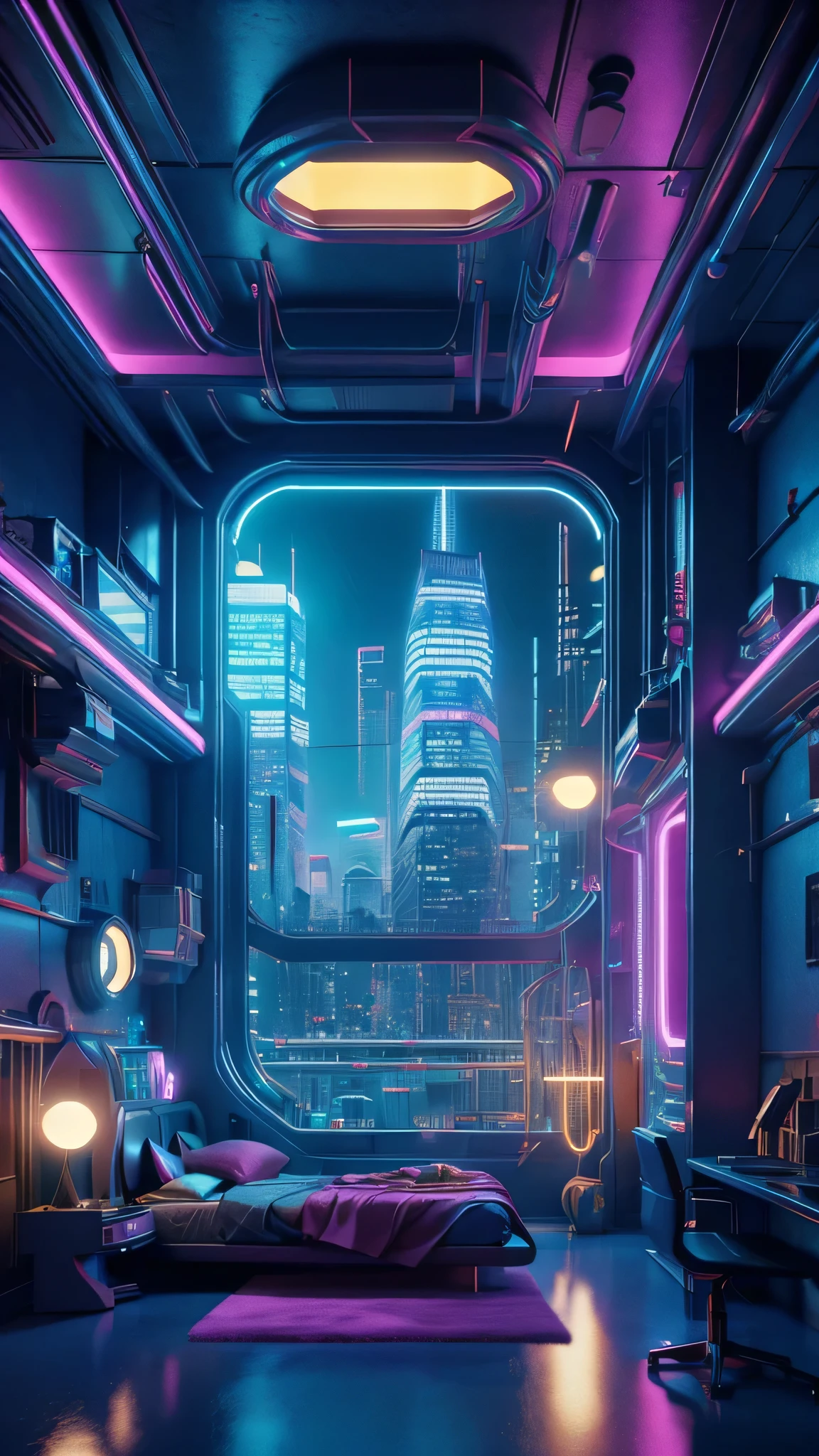 ((masterpiece)), (ultra-detailed), (intricate details), (high resolution CGI artwork 8k), Create an image of a retro futuristic cyberpunk bedroom. One of the walls should feature a big window with a busy, colorful, and detailed cyberpunk cityscape. Futuristic style with lots of colors and LED lights. The cityscape should be extremely detailed with depth of field. Utilize atmospheric lighting to create depth and evoke the feel of a busy futuristic city outside the window. Pay close attention to face details like intricate, hires eyes and bedroom accents. Camera: wide shot showing the room and the window. The window should be the focal point of the image. Lighting: use atmospheric and volumetric lighting to enhance the cityscape details. The room should be illuminated by the neon lights from the cityscape.