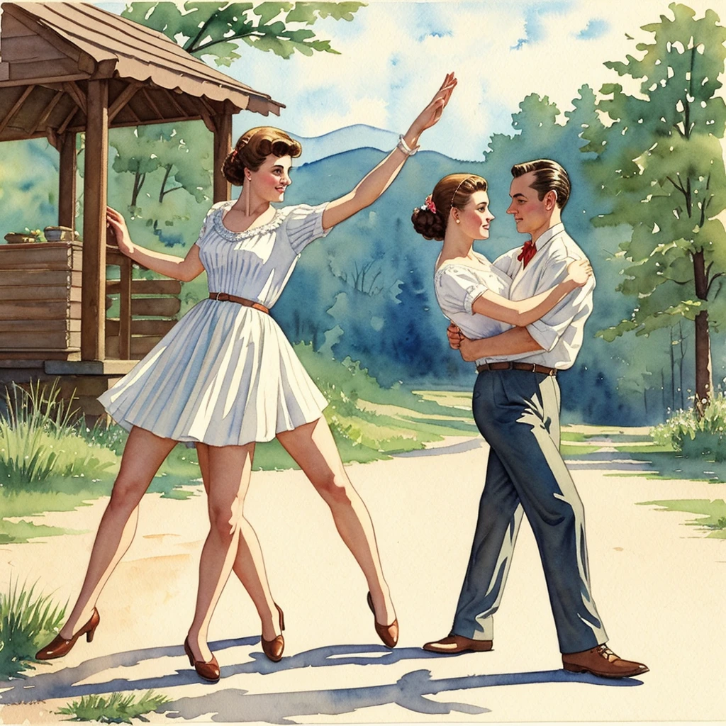 watercolor drawing in Retro-Look, rural saxones village, man and woman dance, full body shot, in the style of classic Americana, white background, Andrew Loomis style, Masterpiece work of art,