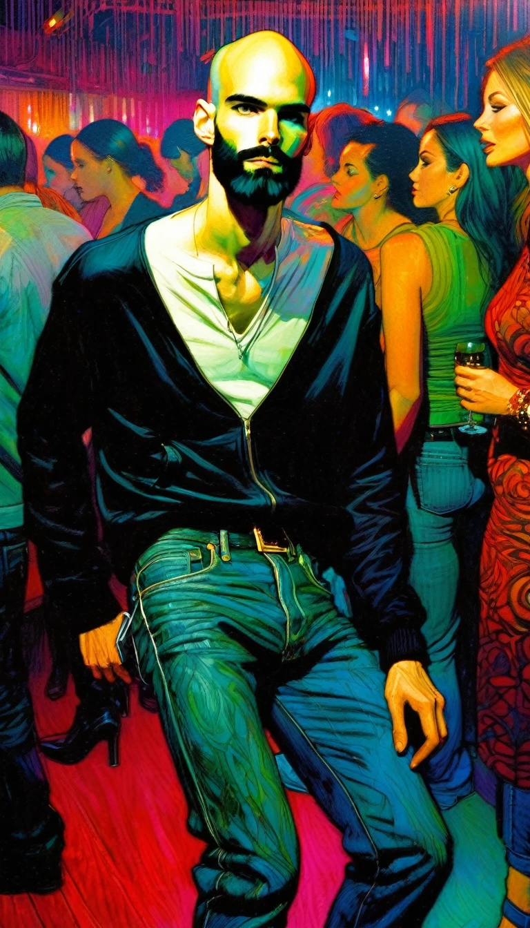 very thin young man, bald and with a black beard, jeans and a black sweatshirt, alone, in a club, full of women and men, work inspired by Bill Sienkiewicz, vivid colors, intricate details, oil.