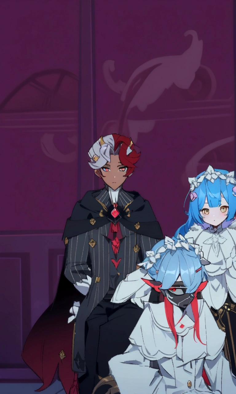 anime characters dressed in costumes sitting on a chair, dapper dream demon, ((wearing aristocrat robe)), he has dark grey hairs, genshin, stylized anime, wearing aristocrat robe, medium shot of two characters, rem rezero, rococo cyberpunk, crimson themed, 8k!, genshin impact character, 8k!!