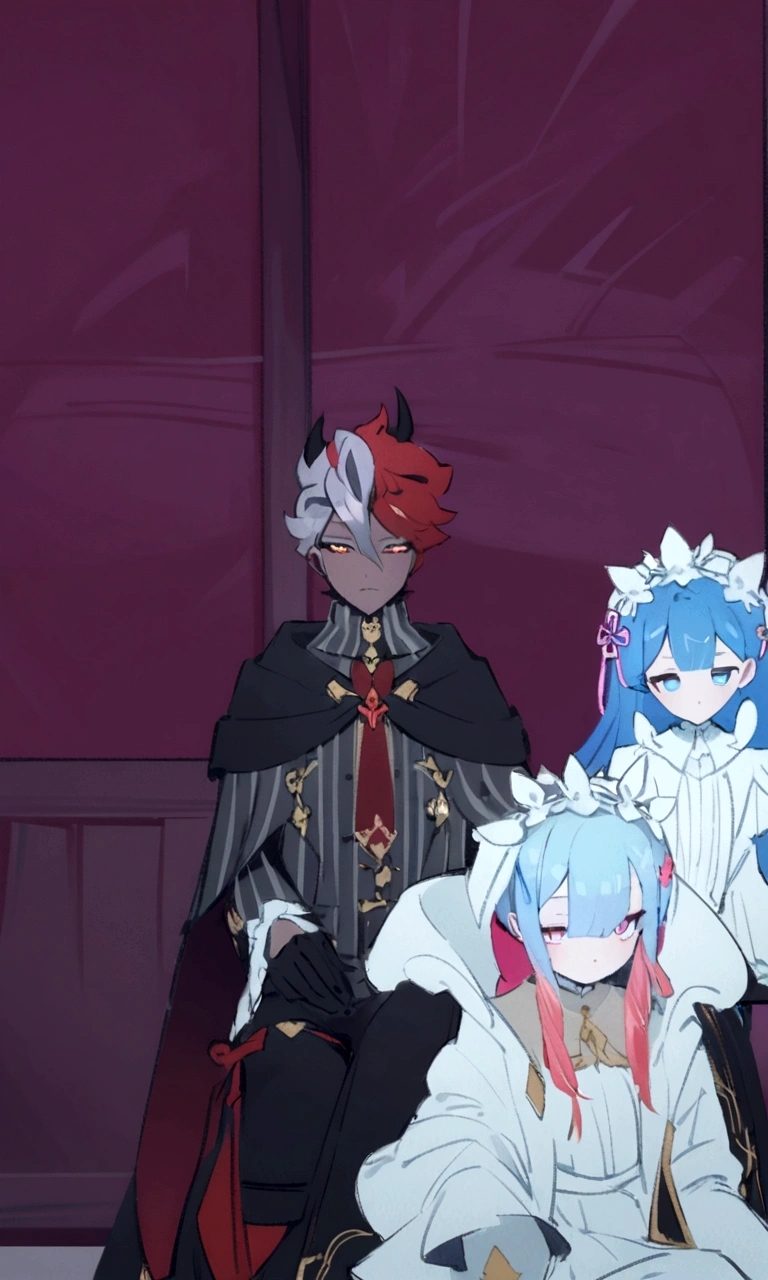 anime characters dressed in costumes sitting on a chair, dapper dream demon, ((wearing aristocrat robe)), he has dark grey hairs, genshin, stylized anime, wearing aristocrat robe, medium shot of two characters, rem rezero, rococo cyberpunk, crimson themed, 8k!, genshin impact character, 8k!!