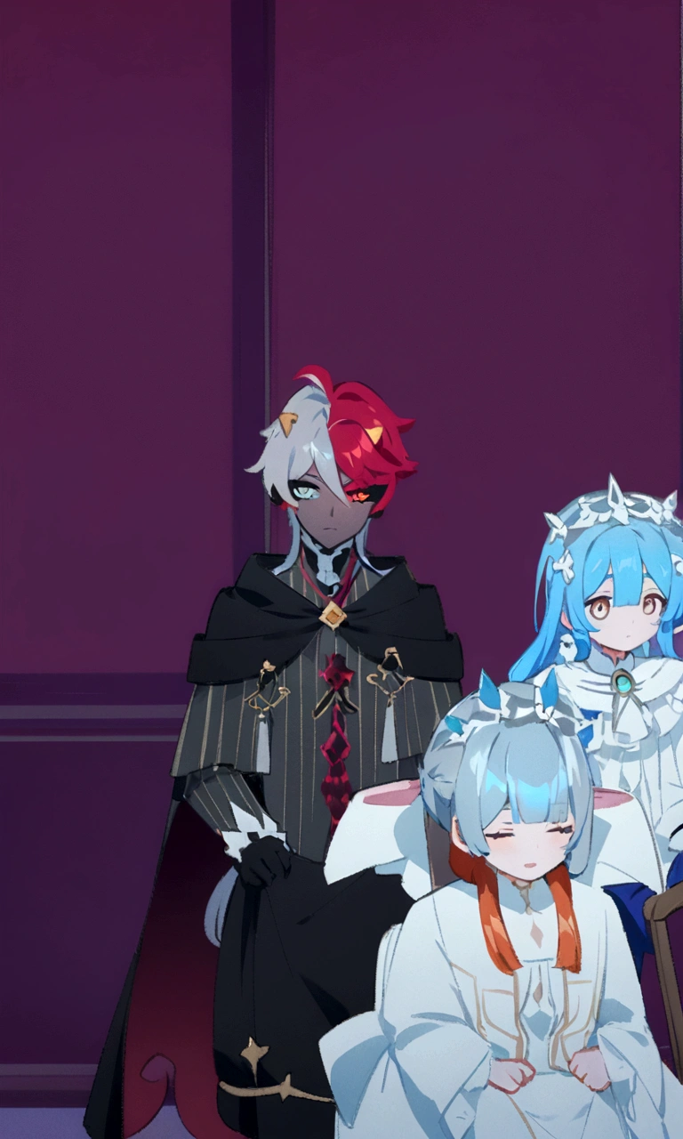 anime characters dressed in costumes sitting on a chair, dapper dream demon, ((wearing aristocrat robe)), he has dark grey hairs, genshin, stylized anime, wearing aristocrat robe, medium shot of two characters, rem rezero, rococo cyberpunk, crimson themed, 8k!, genshin impact character, 8k!!