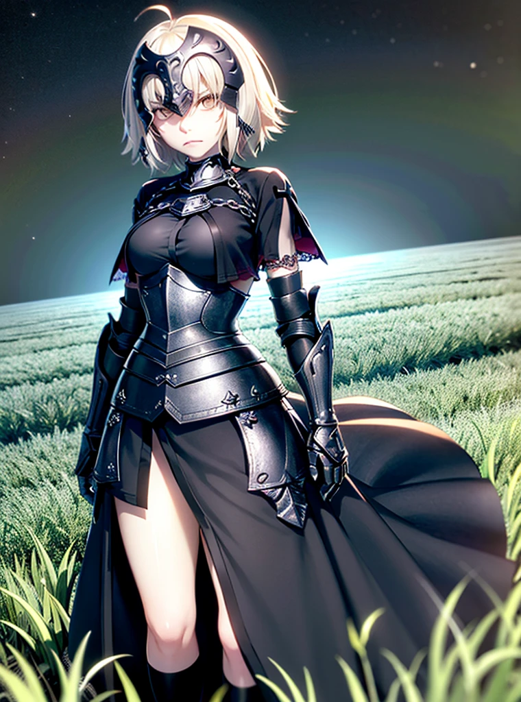 absurdres, uhd, ((masterpiece)), (((HDR))), ((best quality)), (ultra high quality), (hi-res), ((1girl)), solo, (A2nd, 1.1Clothing), short blonde hair, straight hair, headpiece, armor, skirt, perfect body, perfect anatomy, annoyed expression, facing viewer, ((dynamic)), in a field, grass, night time, additional lighting, moon,