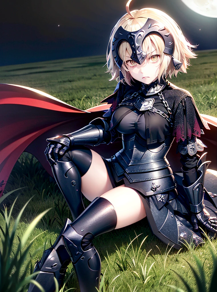 absurdres, uhd, ((masterpiece)), (((HDR))), ((best quality)), (ultra high quality), (hi-res), ((1girl)), solo, (A2nd, 1.1Clothing), short blonde hair, straight hair, headpiece, armor, skirt, perfect body, perfect anatomy, annoyed expression, facing viewer, ((dynamic)), in a field, grass, night time, additional lighting, moon,