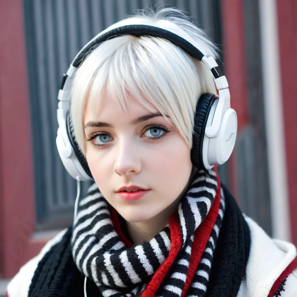 Russian girl, wearing cold clothes, fly away, wearing a black and white striped scarf, listening to music with headphones, Eyes red, short female white hair. Emo style.