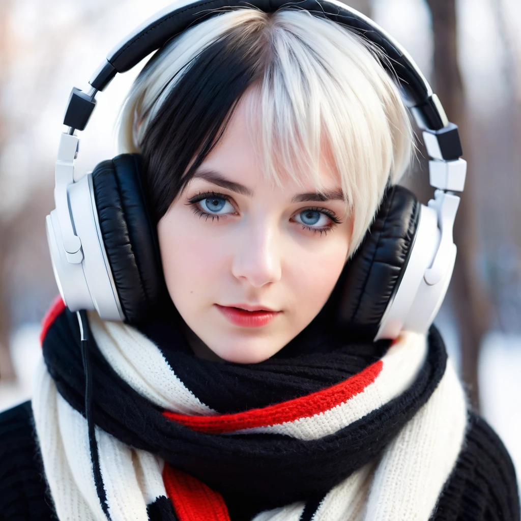 Russian teen girl, wearing cold clothes, fly away, wearing a black and white striped scarf, listening to music with headphones, Eyes red, short female white hair. Emo style.