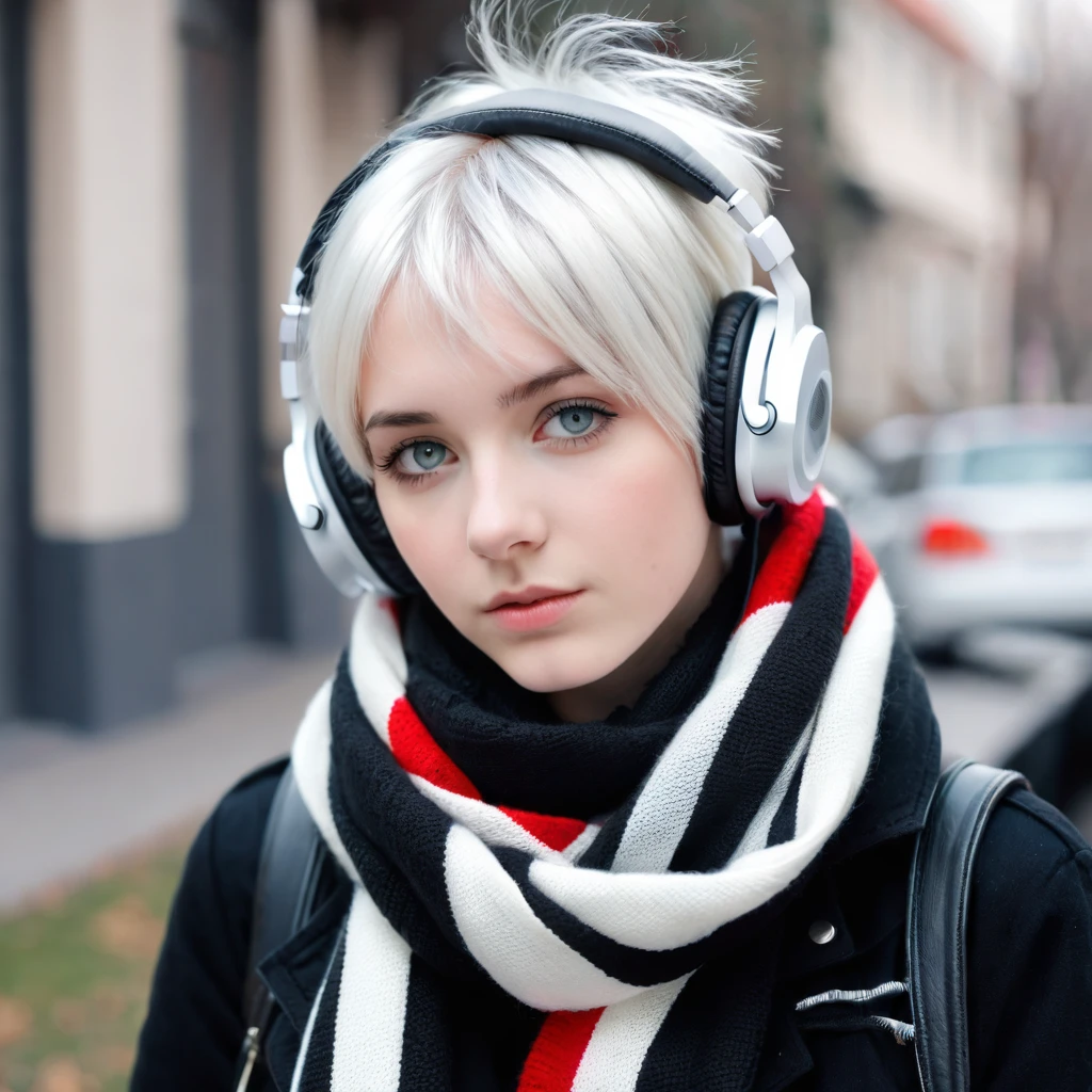Russian teen girl, wearing cold clothes, fly away, wearing a black and white striped scarf, listening to music with headphones, Eyes red, short female white hair. Emo style.
