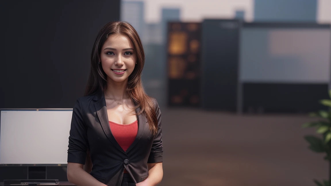 customer service girl, 8k, masterpiece, RAW photo, best quality, photorealistic, extremely detailed CG unity 8k wallpaper, Depth of field, Cinematic Light, Lens Flare, Ray tracing, (extremely beautiful face, beautiful lips, beautiful eyes), intricate detail face, ((ultra detailed skin)), ((1girl:1.9)), ((standing alone:1.9)), ((19years old)), (beautiful and aesthetic:1.2), (big smile:1.2), deep shadow, (sharp focus), [((Raiana-Elizabeth-Dilla:1.9))], pretty girl, (very slim slender fit-muscled body:1.9), (((business-style fashion:1.9))), (((modern office background:1.9))), (shiny skin), clear eyes, (pale skin), soft lighting, (flowing dark-black hair), (looking at viewer:1.9),highly detailed, ultra realistic, extremely detailed and realistic ((red:1.5)) clothes.
