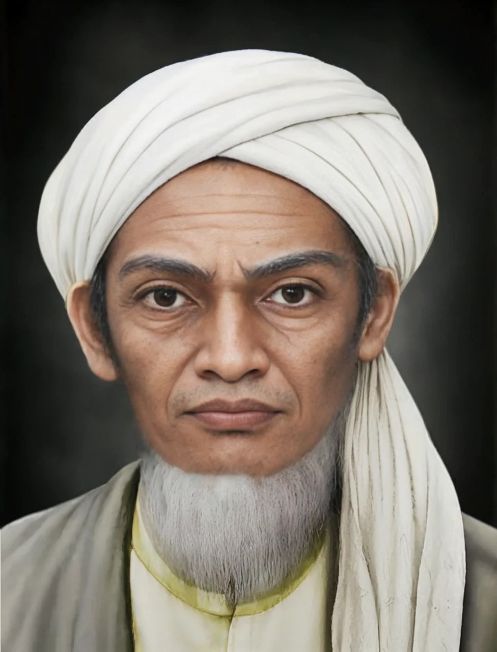 Muslim man, brown skin aged 40 years or over, wearing a shabby cloth robe, cloth turban. Hd realistic photos