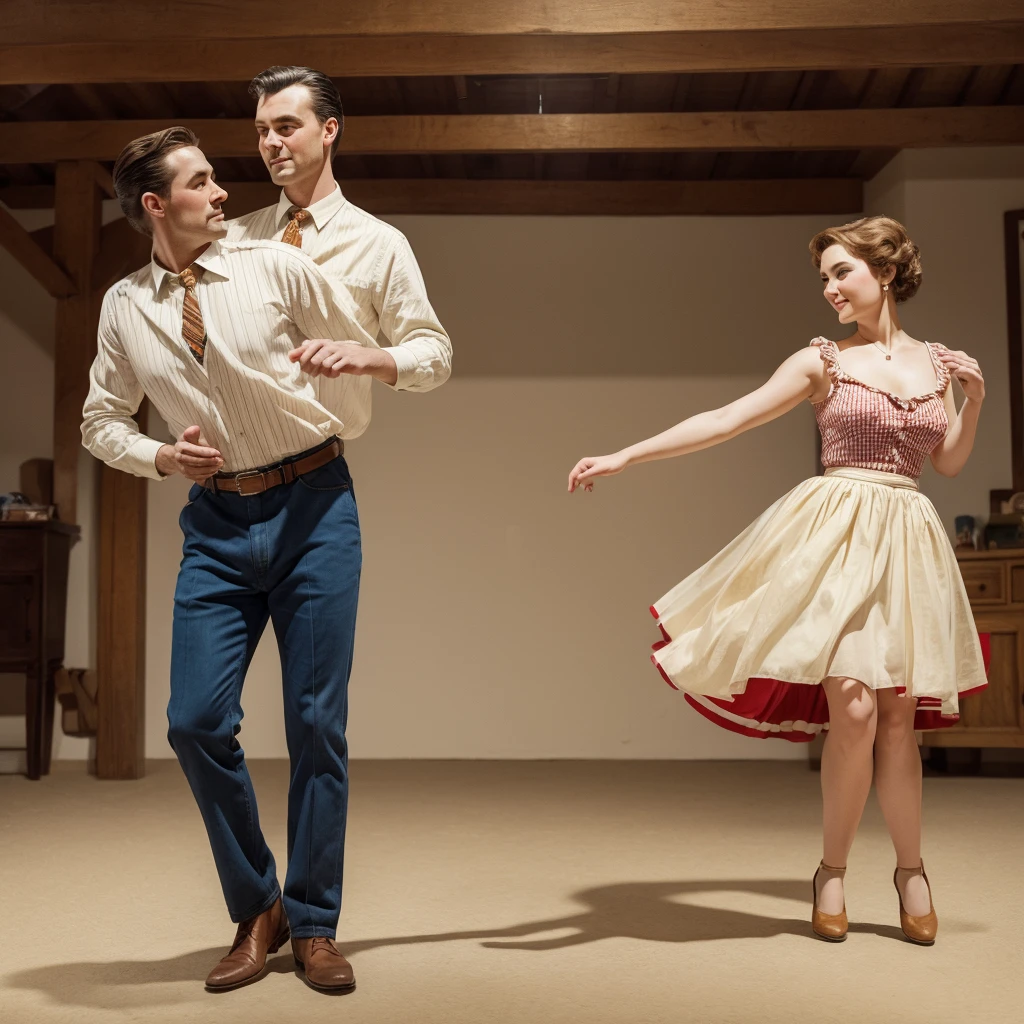 watercolor drawing in Retro-Look, rural saxones village, man and woman dance, full body shot, in the style of classic Americana, white background, Andrew Loomis style, Masterpiece work of art,