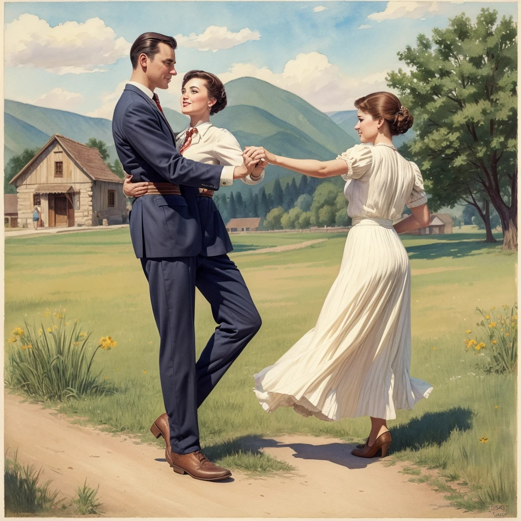 watercolor drawing in Retro-Look, rural saxones village, man and woman dance, full body shot, in the style of classic Americana, white background, Andrew Loomis style, Masterpiece work of art,