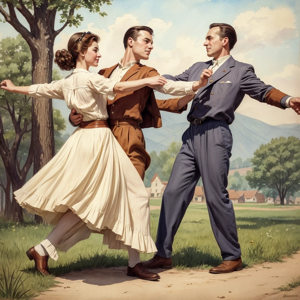watercolor drawing in Retro-Look, rural saxones village, man and woman dance, full body shot, in the style of classic Americana, white background, Andrew Loomis style, Masterpiece work of art,
