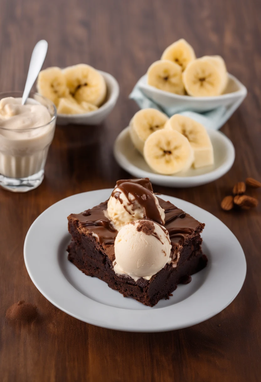 Brownie, brownie de chocolate, (plate with chocolate brownie and banana ice cream), brownie with banana ice cream, banana ice cream with brownie, foto realisitic, professional foto, photo taken by the best photographer in the world, 4 K, best qualityer, optical zoom, photo with depth of field, realisitic. Brownie with banana ice cream