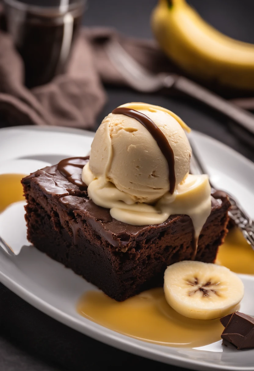 Brownie, brownie de chocolate, (plate with chocolate brownie and banana ice cream), brownie with banana ice cream, banana ice cream with brownie, foto realisitic, professional foto, photo taken by the best photographer in the world, 4 K, best qualityer, optical zoom, photo with depth of field, realisitic.  Brownie with banana ice cream 