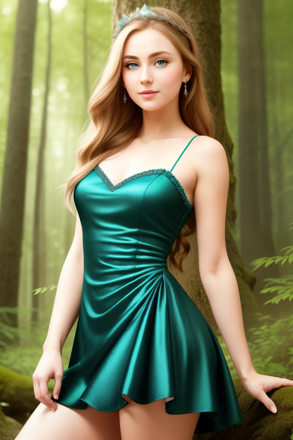 Hyper-realistic, high-resolution image in ultra-detailed quality, emulating the mastery of professional photography. The subject is a captivating, gentle girl with mega-realistic and intricate facial features. She stands amidst a whimsical fairy forest, bathed in a radiant, multi-colored spectrum of light that seems to emanate from within the woods.
The enchanting girl gracefully adorns a seductive, yet tasteful short dress, with the hemline just barely brushing her lithe legs. Her long, cascading light brown hair flows freely about her, as her sky-blue eyes gaze intently into the camera. Her figure