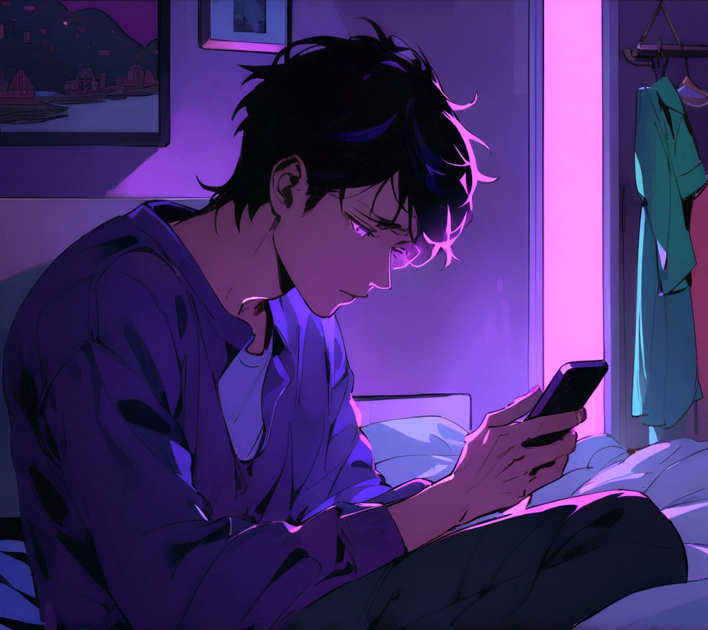 man looking at his cell phone inside the room, purple neon, messy bed, sadness, passionate