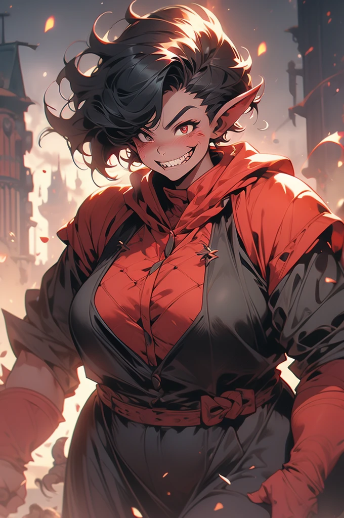 1girl, goblin girl, shortstack, plump, black hair, evil grin, sharp teeth, red skin