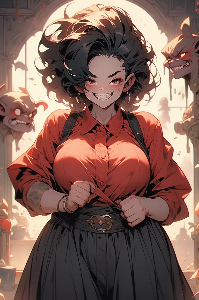 1girl, goblin girl, shortstack, plump, black hair, evil grin, sharp teeth, red skin