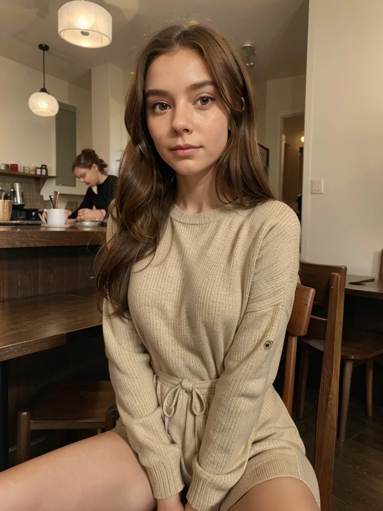 Generate: Realistic, amber haired girl
Face: brown eyes, small frekels (very low quantity), smooth small nose, ears part visible
Body: clothing: red wool pullover, see thru , small waist, thick , hips: middle wide,
Environment: amsterdam cirty cafe at day
Lighting : dawn but generated person fully visible.
Body position: sitting down on a brown chair
Coffee in hand
Make the face a little less smooth and add a few freckels to the nose and cheeks
Make her wear a red seethru wool pullover
No other persons in the image