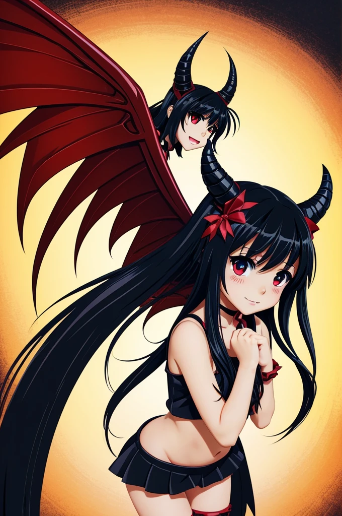 Create an illustration of a devil girl with her devil wings and tail, in anime manga version, with big eyes and long hair