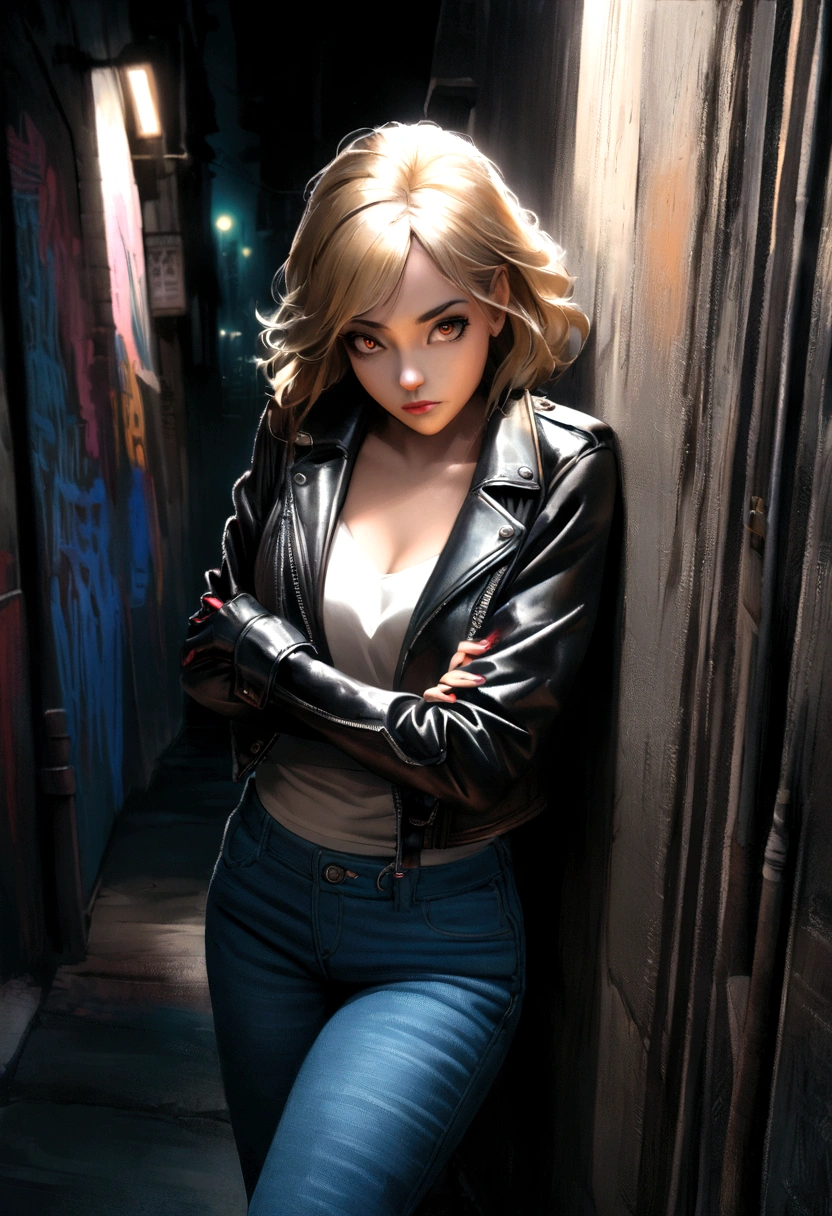 (black with blonde highlights hair, hispanic woman, anti-hero, steals anything, controls blood, leather jacket and blue jeans, medium:1.1), leather gloves, confident posture, mysterious expression, intense eyes, dyna mic action, urban night scene, graffiti-filled alley, street lights, neon signs, dramatic lighting, dark and gritty atmosphere, chiaroscuro lighting, high contrast, intense color palette, cinematic composition, photorealistic style, detailed textures. Leaning on wall crossing her arms, looking up. Side view. Comic style.