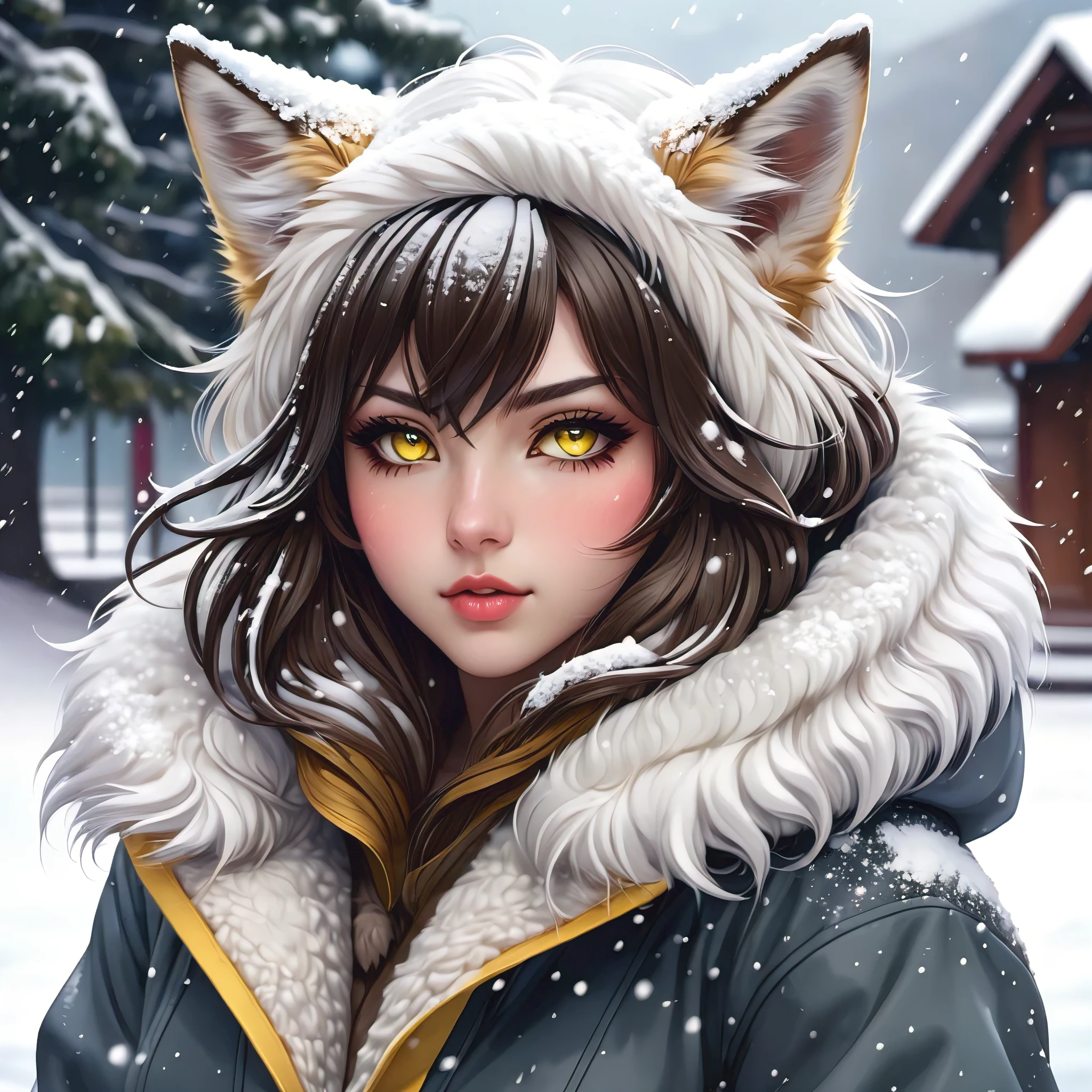 anime girl with yellow eyes and a furry coat in the snow, extremely detailed artgerm, artgerm detailed, trending artgerm high detail