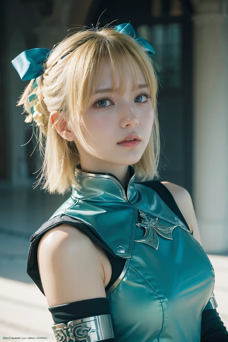 (masterpiece:1.2), (absurdres), (detailed face),(detailed eyes), (best quality) (traditional media:1.2) , (white backround), upperbody, (expressionless), artoria_pendragon_(fate), saber, armor, blonde hair, gauntlets, green eyes, hair ribbon, armored dress, ahoge, blue dress,