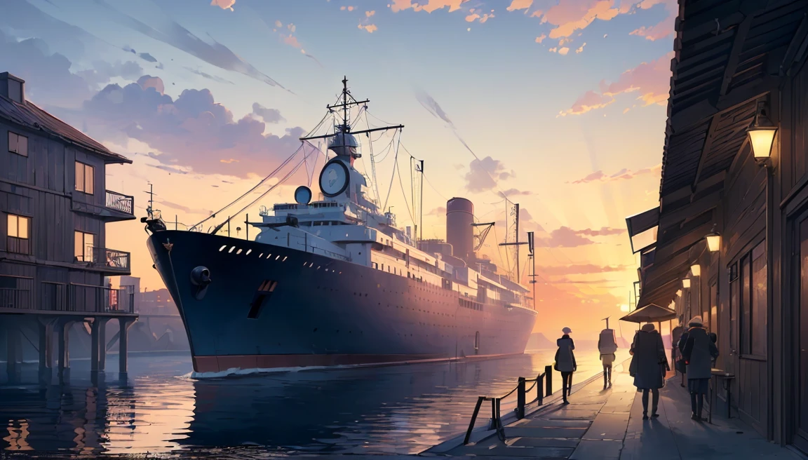 (masterpiece:1.5), (best quality:1.5), (extremely detailed:1.5), port, (sailing port), (industrial era:1.5), (people on line:1.5), line on dock, old dock, ((people waiting on dock)), water, sunet, sunset color, dark blue water, (view on sea), sunset color, sunset, stone port, large sea, (sea at horizon), sea, (no boat or ship on the dock)