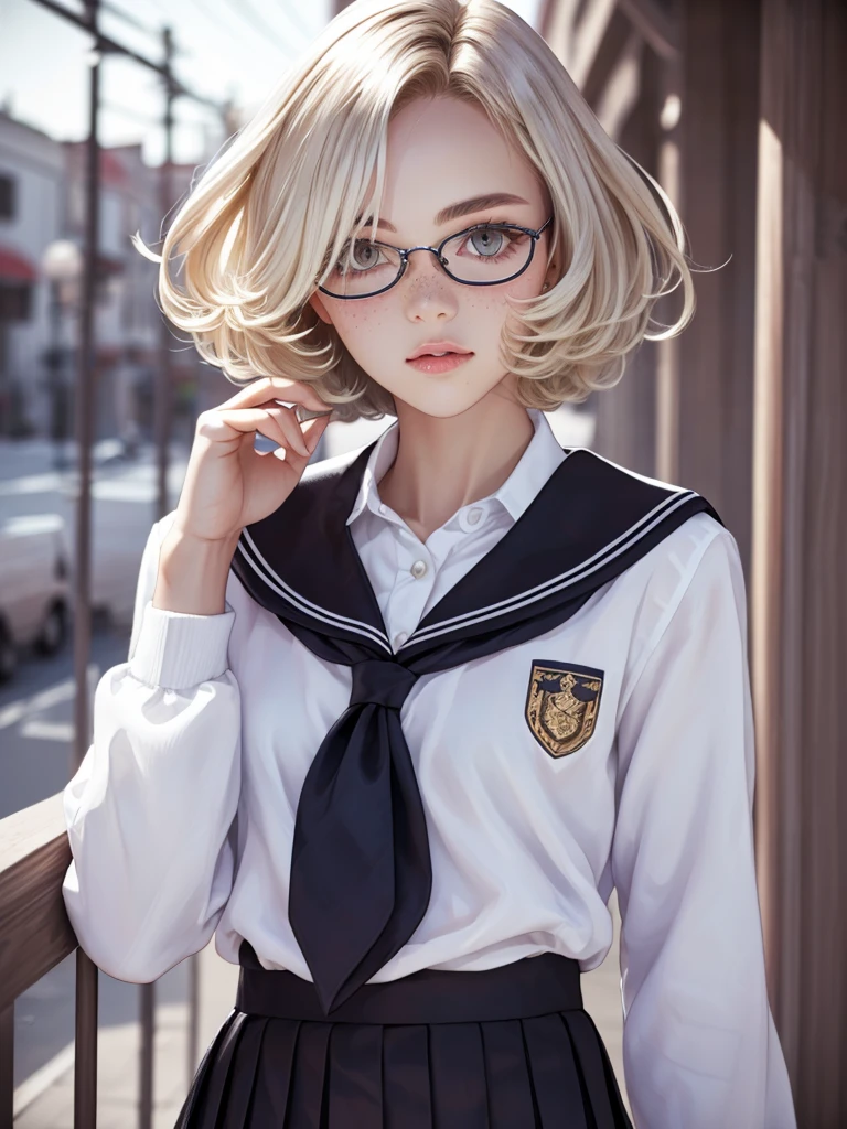 1girl, elegant bearing, small, slender build, short height, narrow shoulders, pale skin dotted by freckles, short platinum blonde hair, (((choppy hair))), (((boyish hair))), (olive eyes), silver glasses, cute facial features with an underlying elegance, thin lips, small breasts,  old female, RAW photo, ((slim body: 1)), (HQ skin: 1.4), 8k uhd, dslr, soft light, high quality, ((school uniform, white clothes, gold accents, (looking at viewer:1.4)
