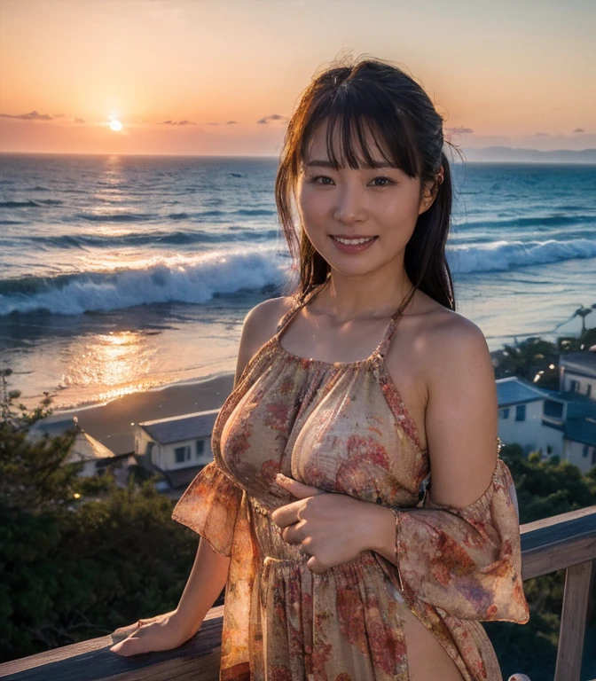 ((Highest quality、8K、masterpiece:1.3))、Realistic, Sharp focus, High resolution, High resolution, Portraiture, alone, Japanese, Middle-aged women, Beautiful woman, 26 years old、Big Breasts、Psychedelic casual dress、Photograph the whole body、Sunset on the sea、coastal、smile