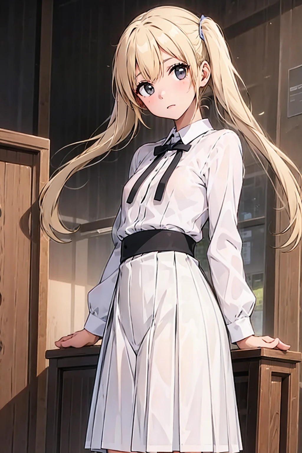 1girl,looking at viewer,school background,,small breasts,blonde,twintails,head tilt,high waist pleated skirt,